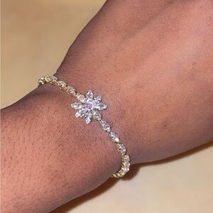 Gold and Clear Crystal Floral Tennis Bracelet - Women Jewelry